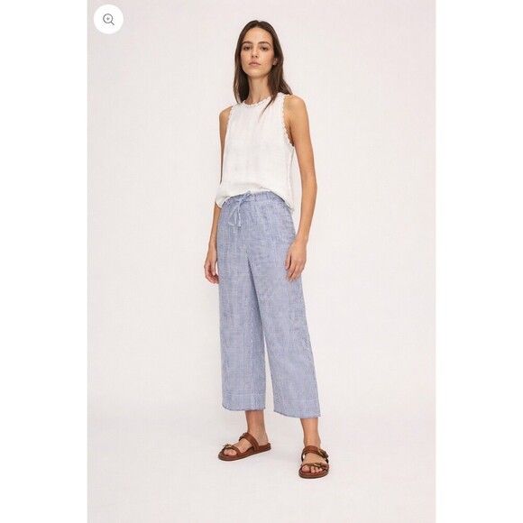 Pants - Melissa Nepton Striped Pants Blue White Linen Cropped Elastic Waist Nautical XS